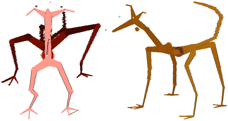 A very odd and almost twig-like orange pet. In the first image it is facing the viewer and has a red colour. In the second, the creature is orange and facing the left, and Sebbie's normal stripes are visible in the middle of its body.